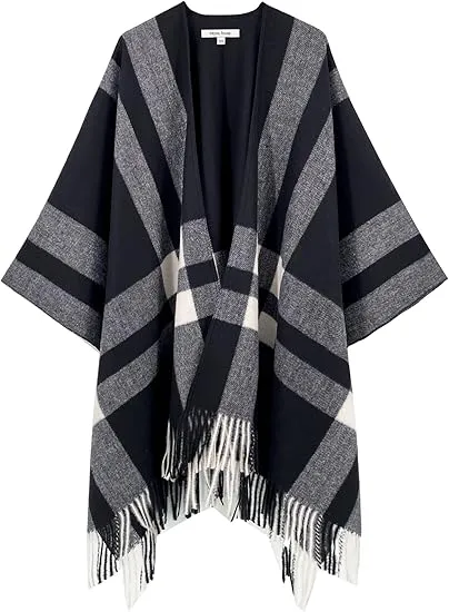 Airy Grey Winter Chic Plaid Poncho Cardigan