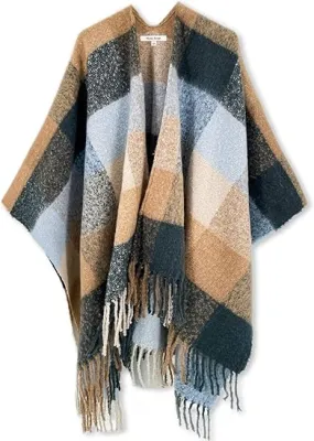 Airy Grey Winter Chic Plaid Poncho Cardigan