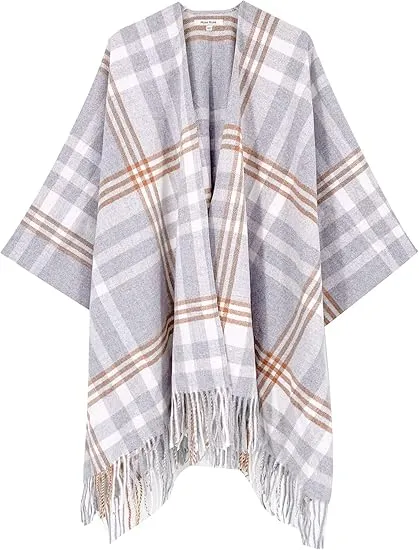 Airy Grey Winter Chic Plaid Poncho Cardigan