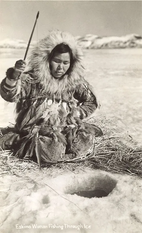 AK-172 Indigenous Alaskan Woman Ice Fishing - Vintage Image