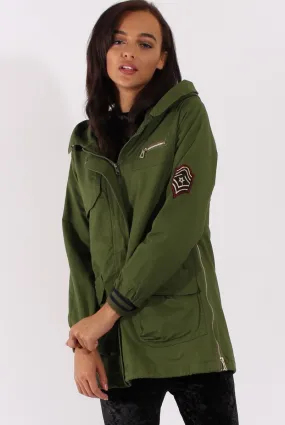 Army Green Badge Detail Parka Jacket - Phoenix