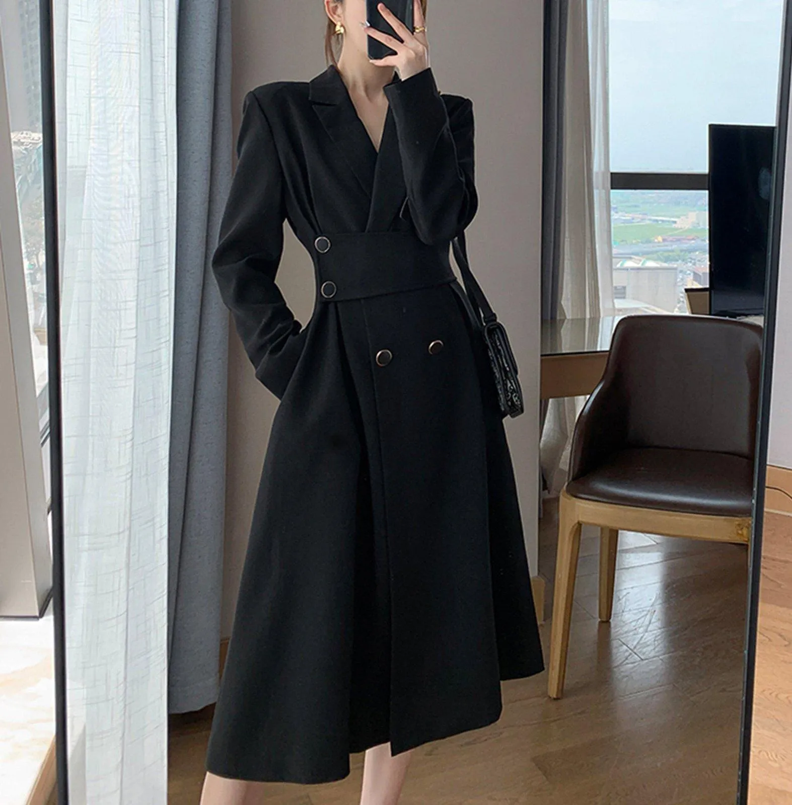 Black Belted Double Breasted Fit & Flare Blazer Coat