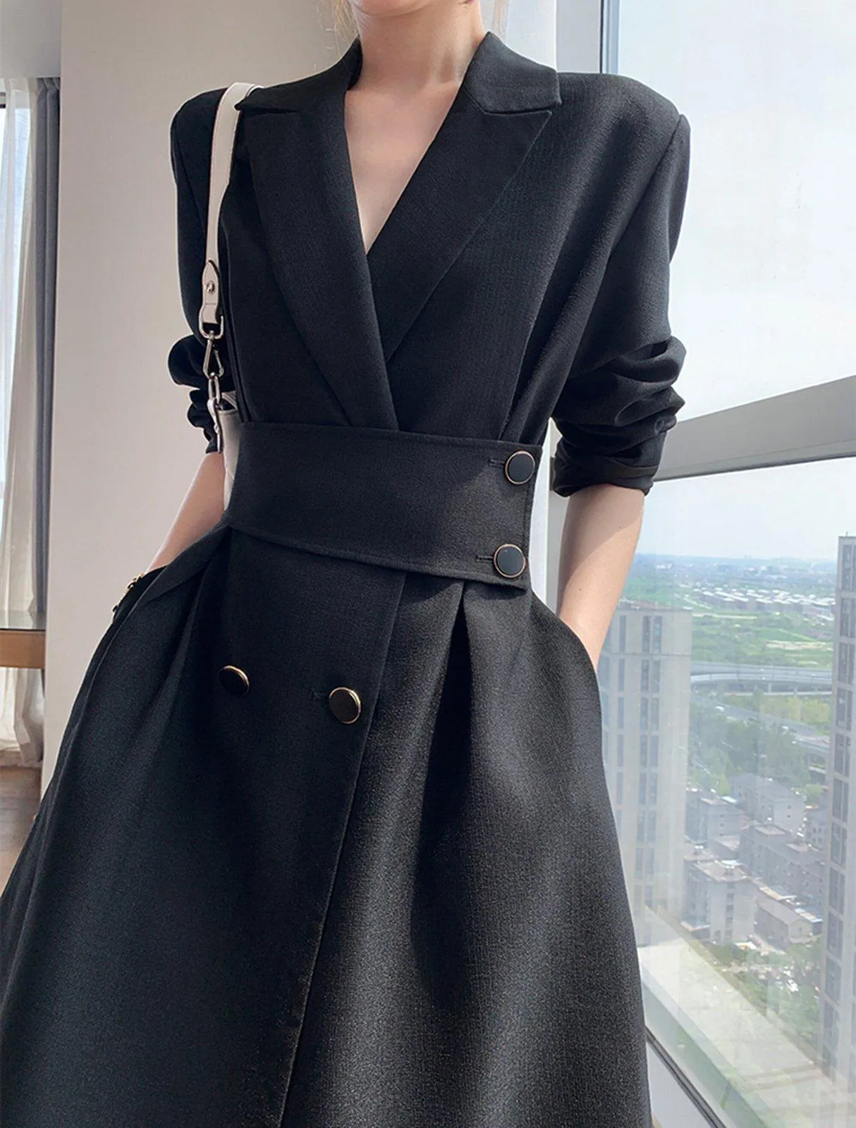 Black Belted Double Breasted Fit & Flare Blazer Coat