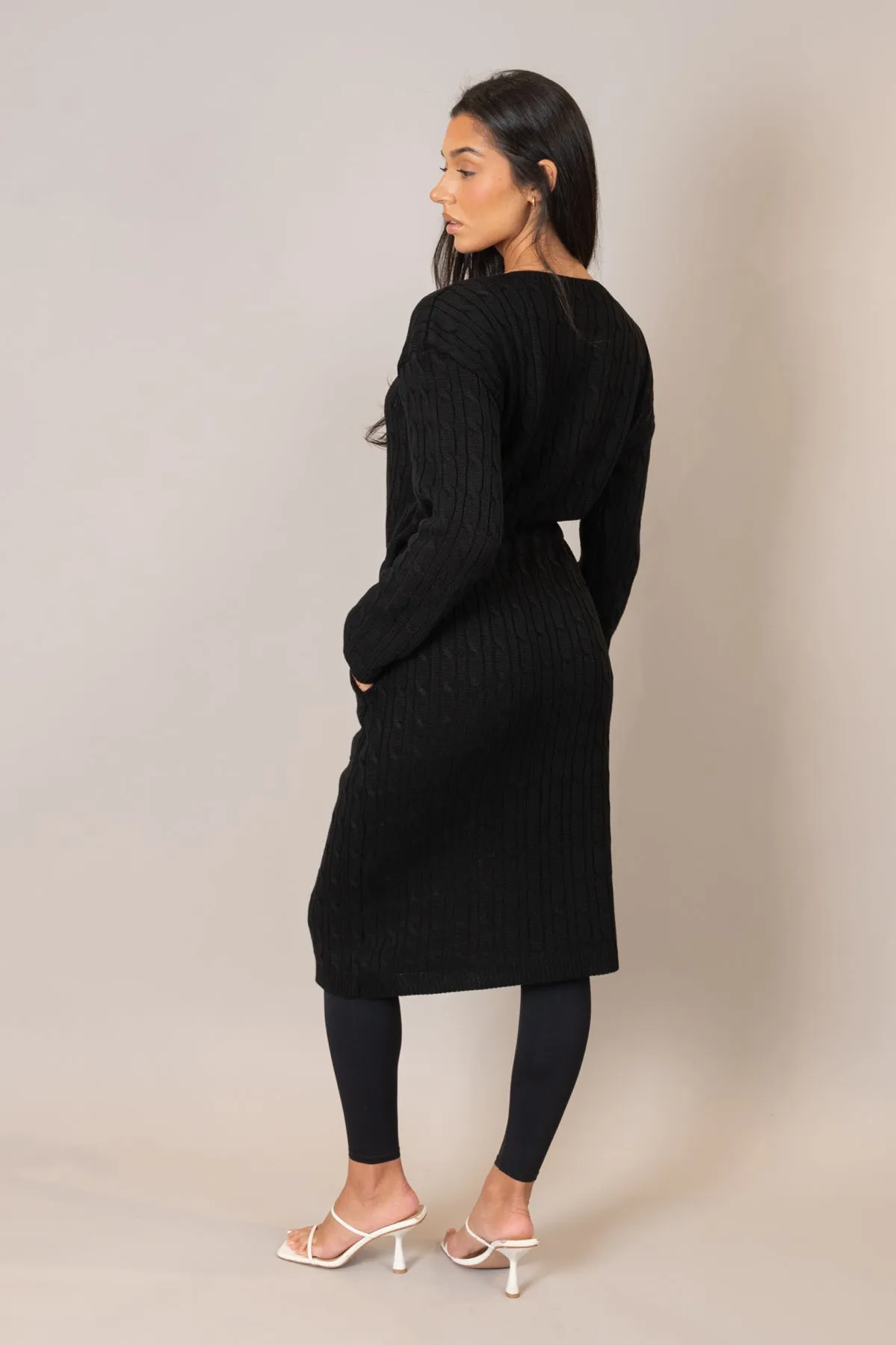 Black Drawstring Cable Knit Dress