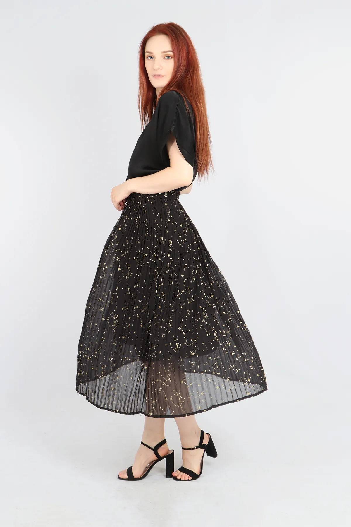 Black Gold Constellation Print Pleated Skirt