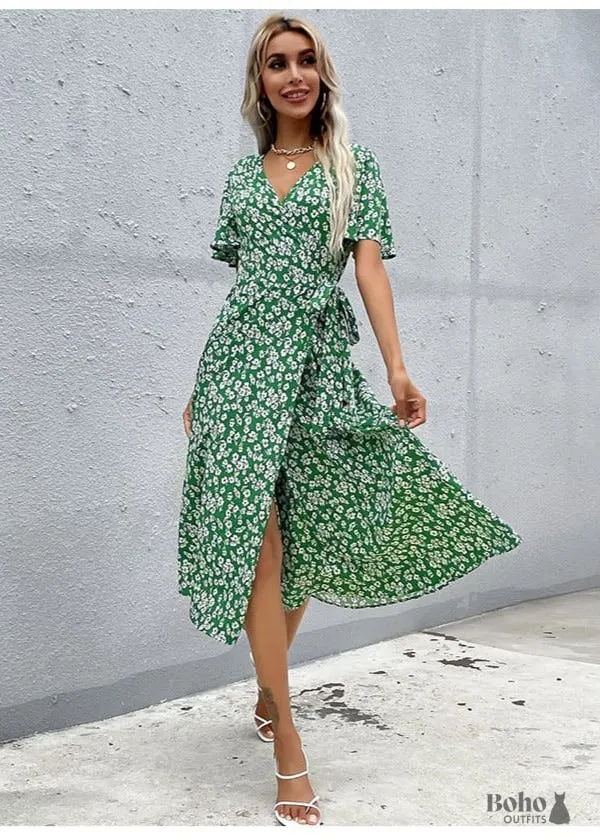 Boho High Waist Slim Printing Midi Dress Alona