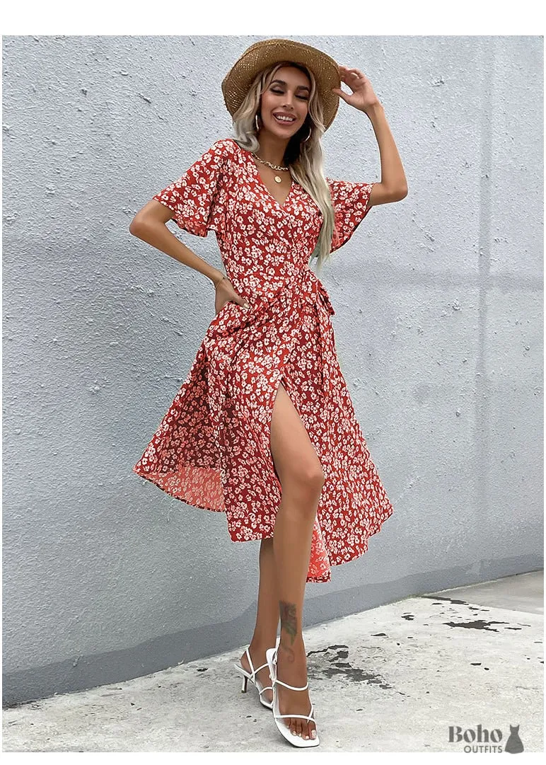 Boho High Waist Slim Printing Midi Dress Alona