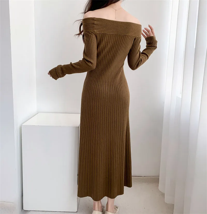 Braided Off-The-Shoulder High-Waist Knitted Dress