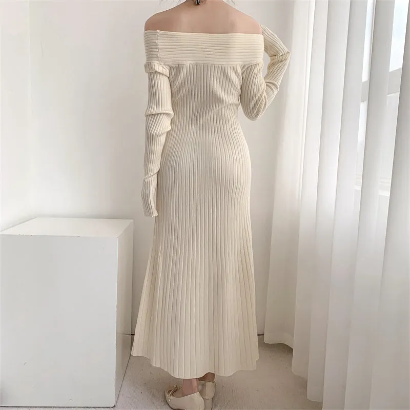 Braided Off-The-Shoulder High-Waist Knitted Dress