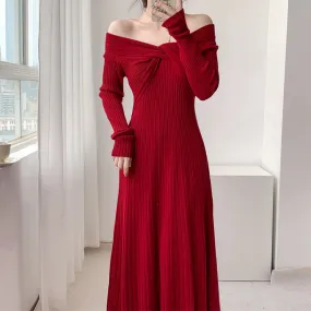 Braided Off-The-Shoulder High-Waist Knitted Dress