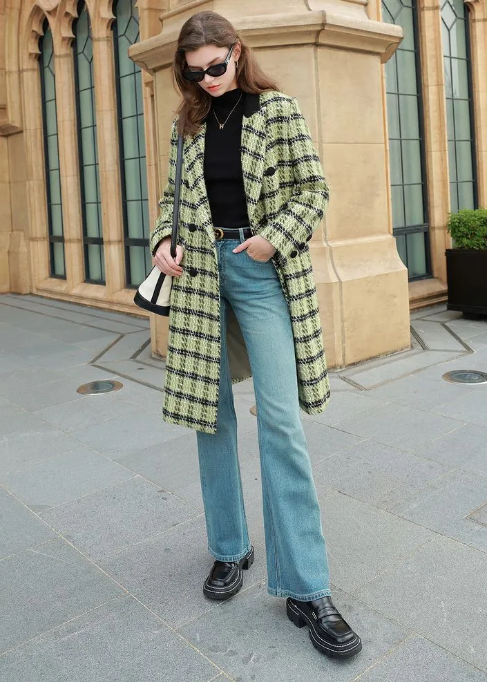 Classic Plaid Wool Blend Double Breasted Belted Long Coat