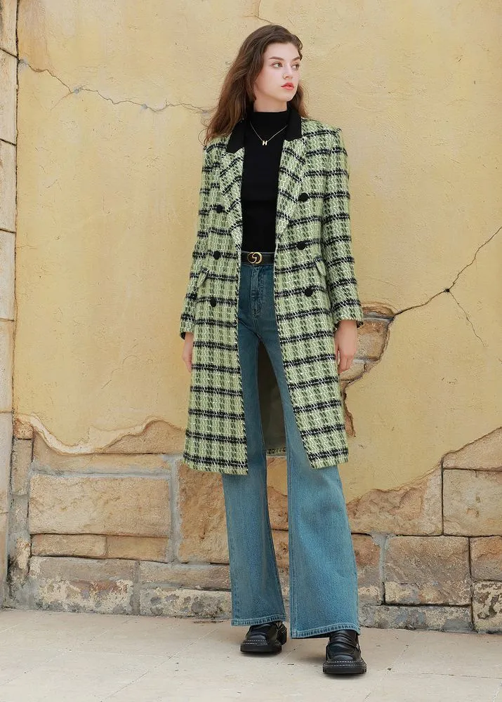 Classic Plaid Wool Blend Double Breasted Belted Long Coat