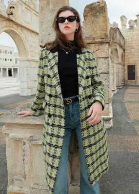 Classic Plaid Wool Blend Double Breasted Belted Long Coat