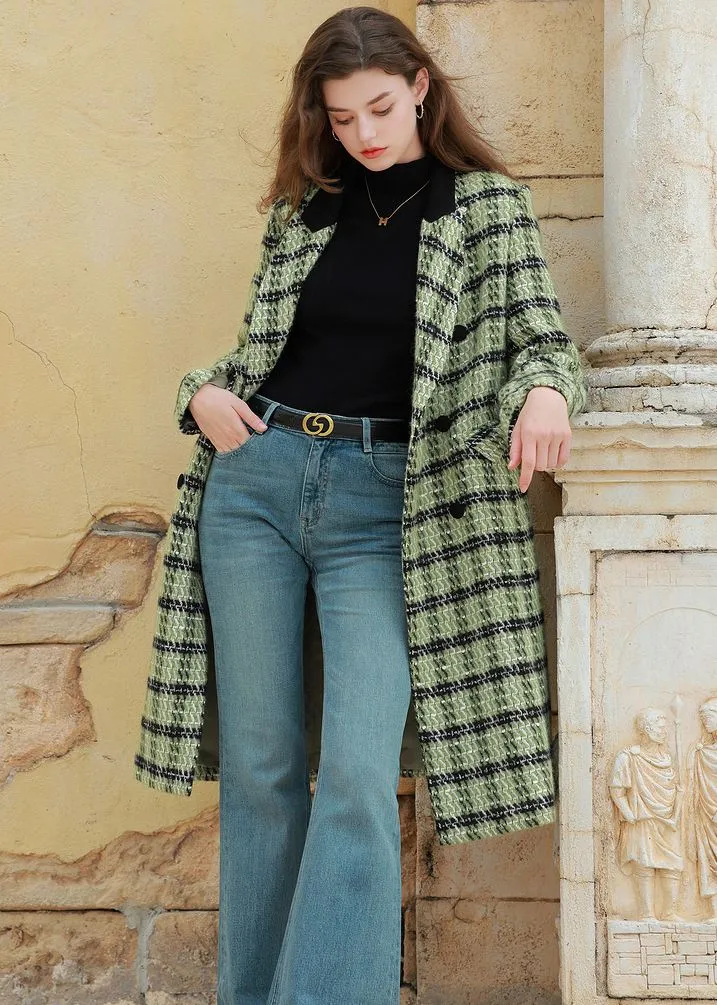 Classic Plaid Wool Blend Double Breasted Belted Long Coat