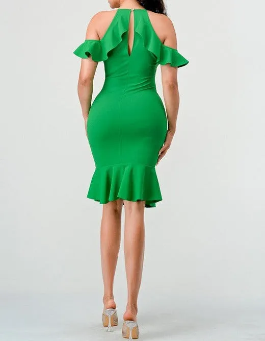 Cold Shoulder Kelly Green Midi Dress