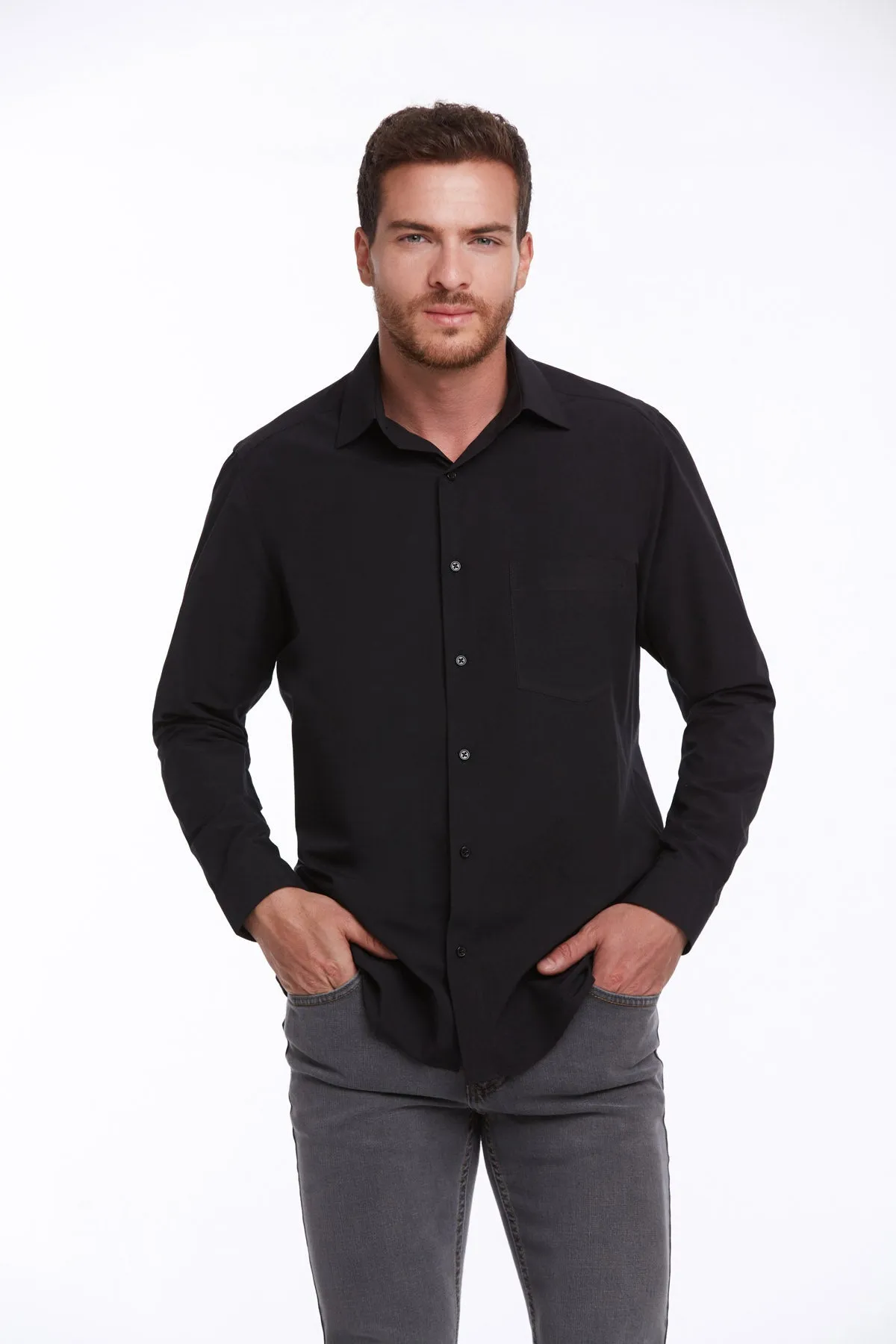 Comfort Fit Long Sleeve Plain Cotton Blend Black Dress Shirt