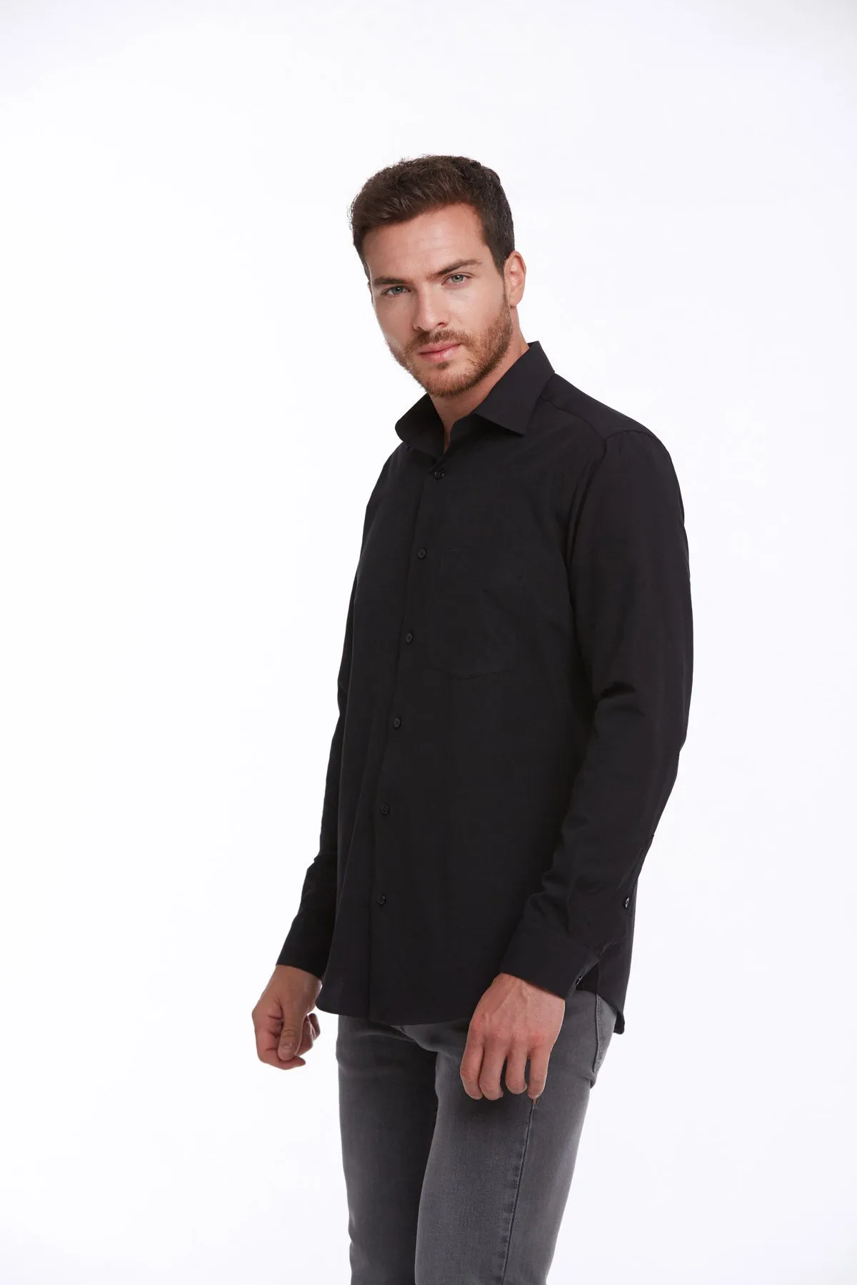 Comfort Fit Long Sleeve Plain Cotton Blend Black Dress Shirt