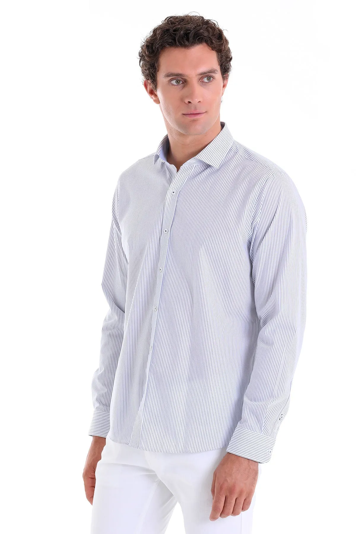 Comfort Fit Striped Long Sleeve Cotton Navy Dress Shirt