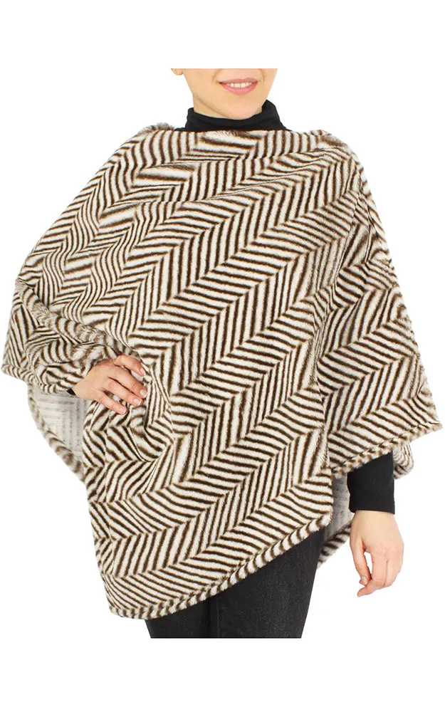 EAP9500 Herringbone Print Faux Fur Poncho