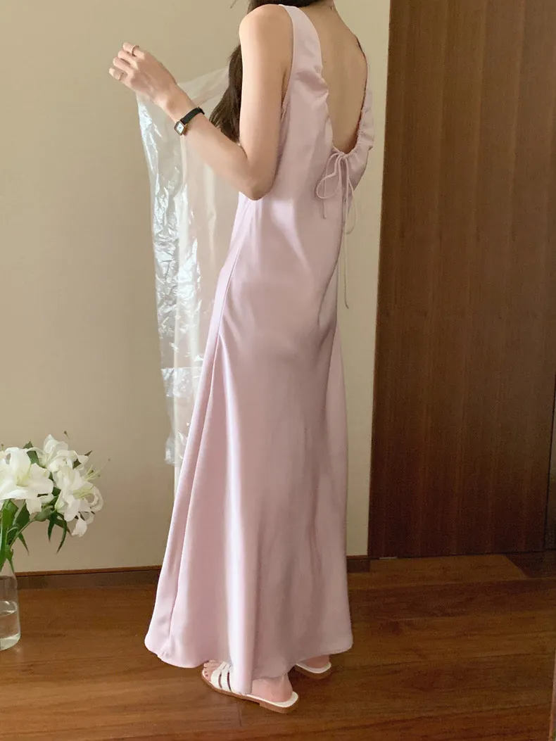 Elegant Silk Strappy Backless Slip Dress