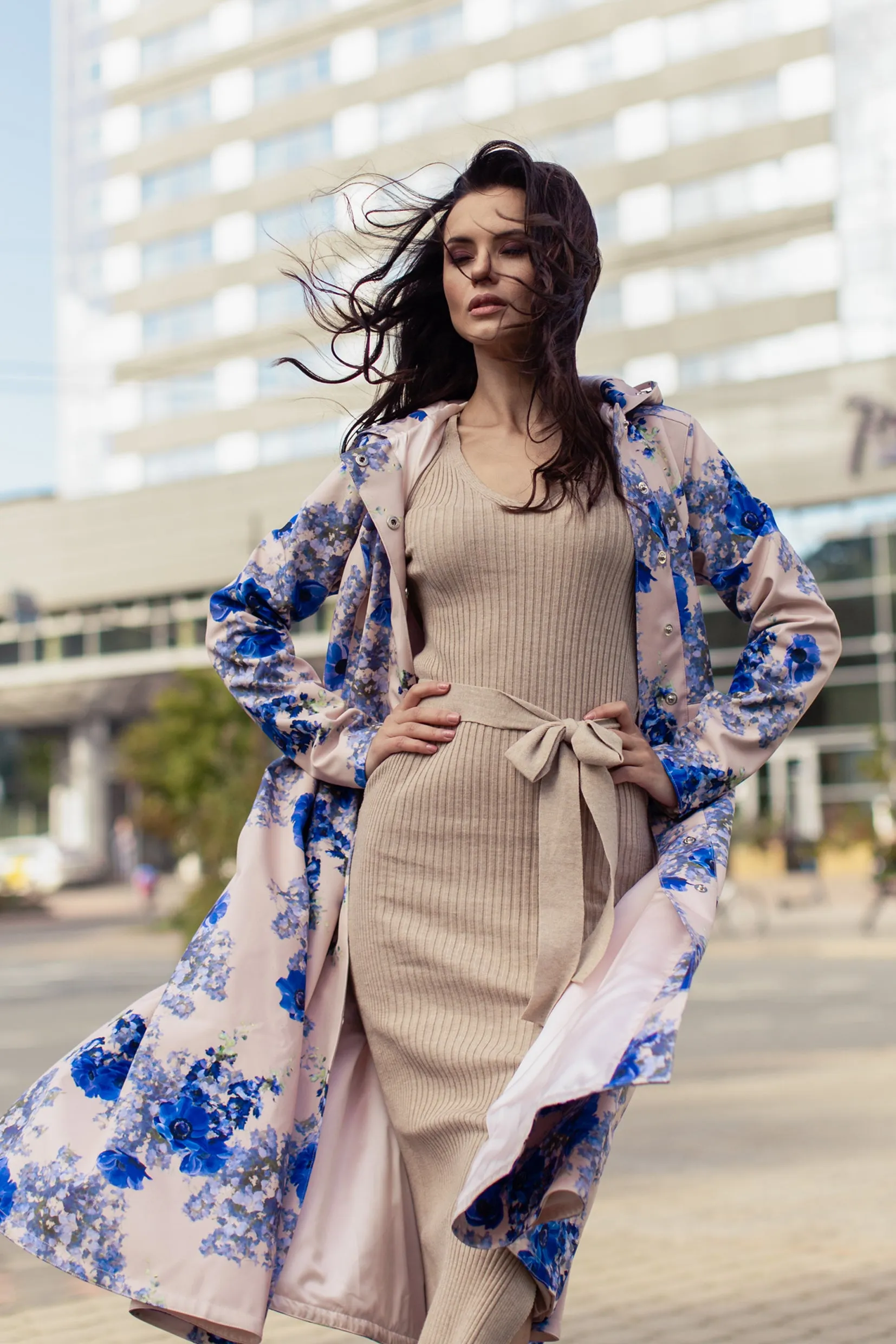 Fit and Flare Coat with Pleated Skirts in Beige and Blue | 'Cornflower Blue'