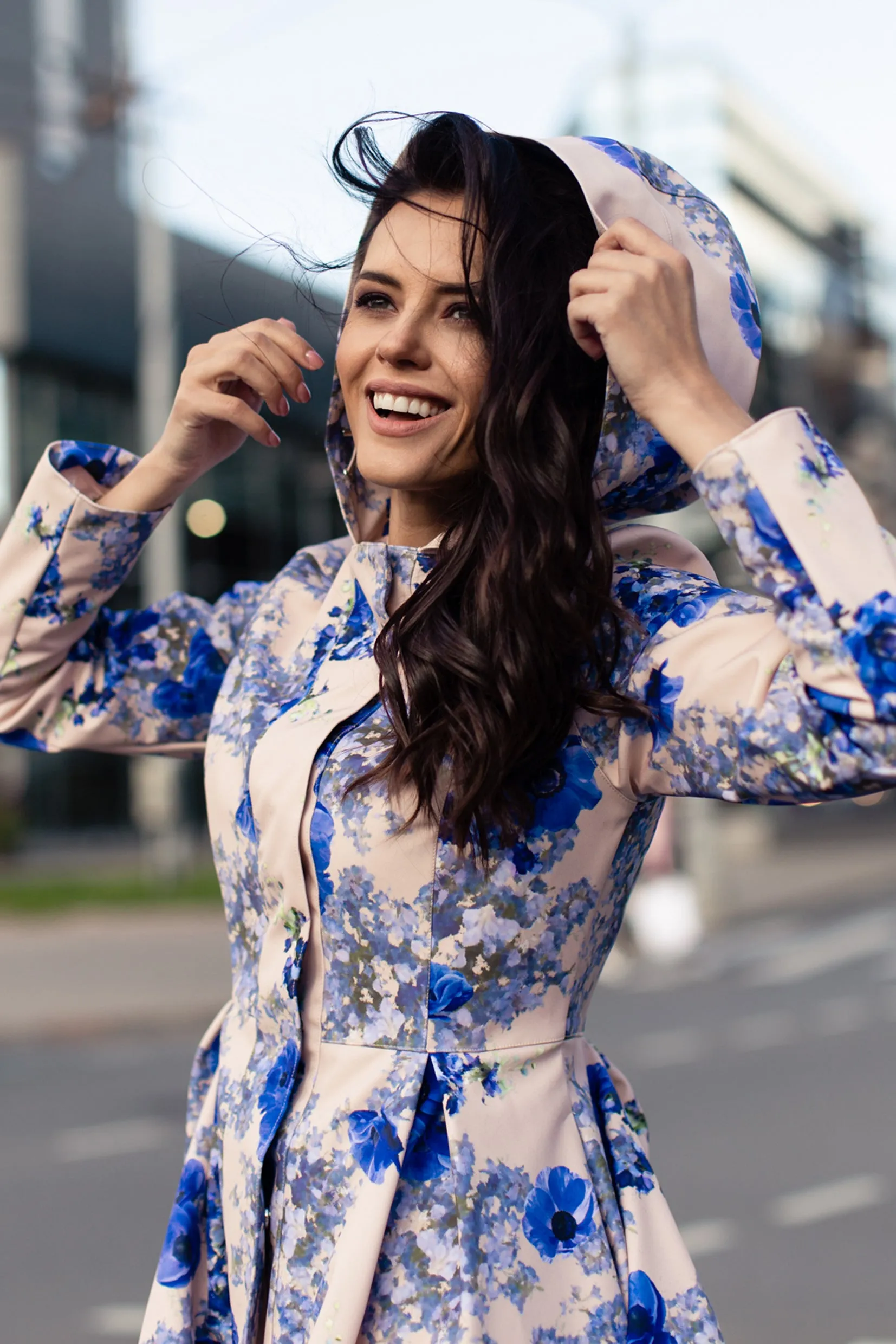 Fit and Flare Coat with Pleated Skirts in Beige and Blue | 'Cornflower Blue'