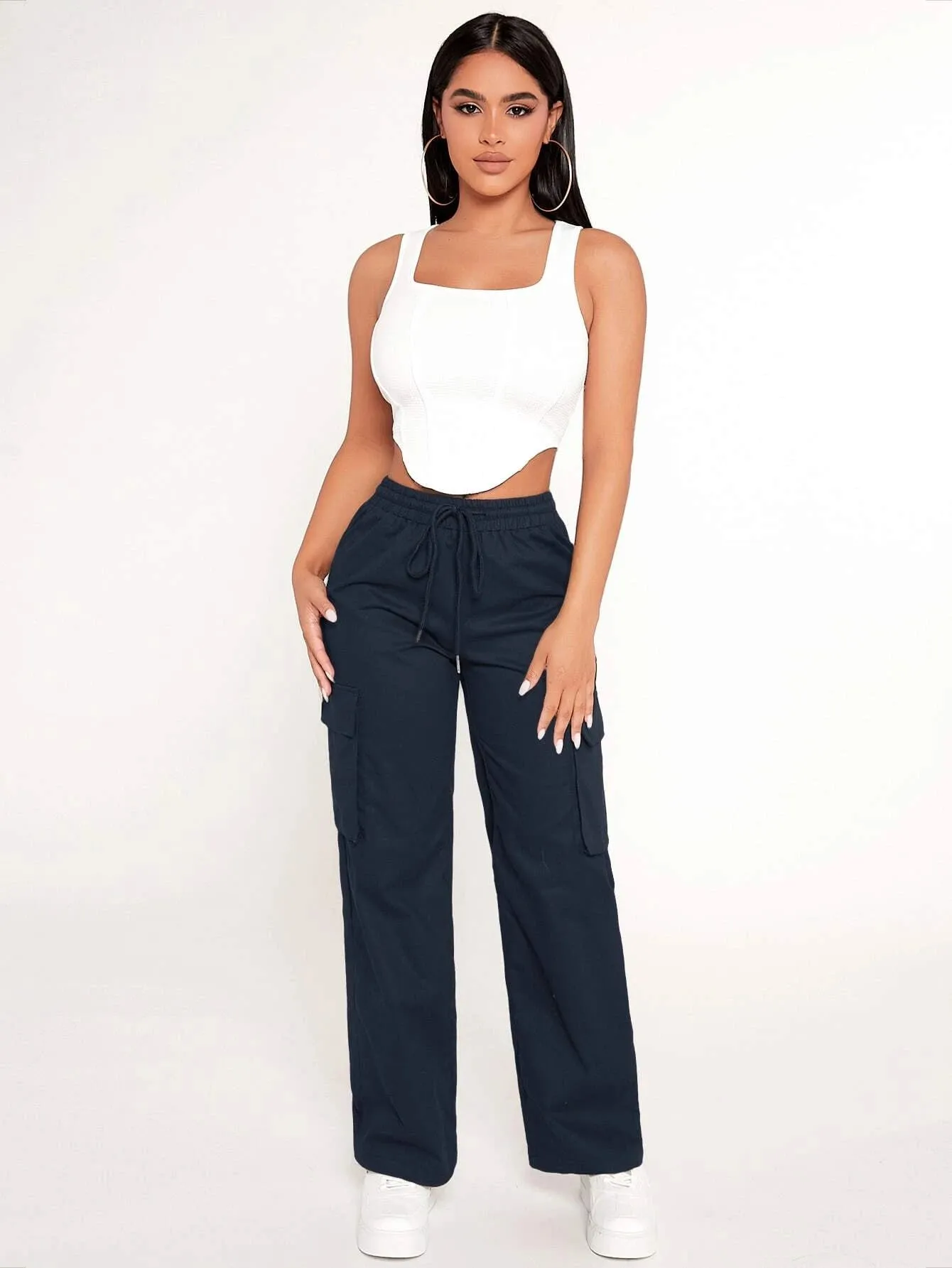 Flap Pocket Cargo Drawstring Waist Pants