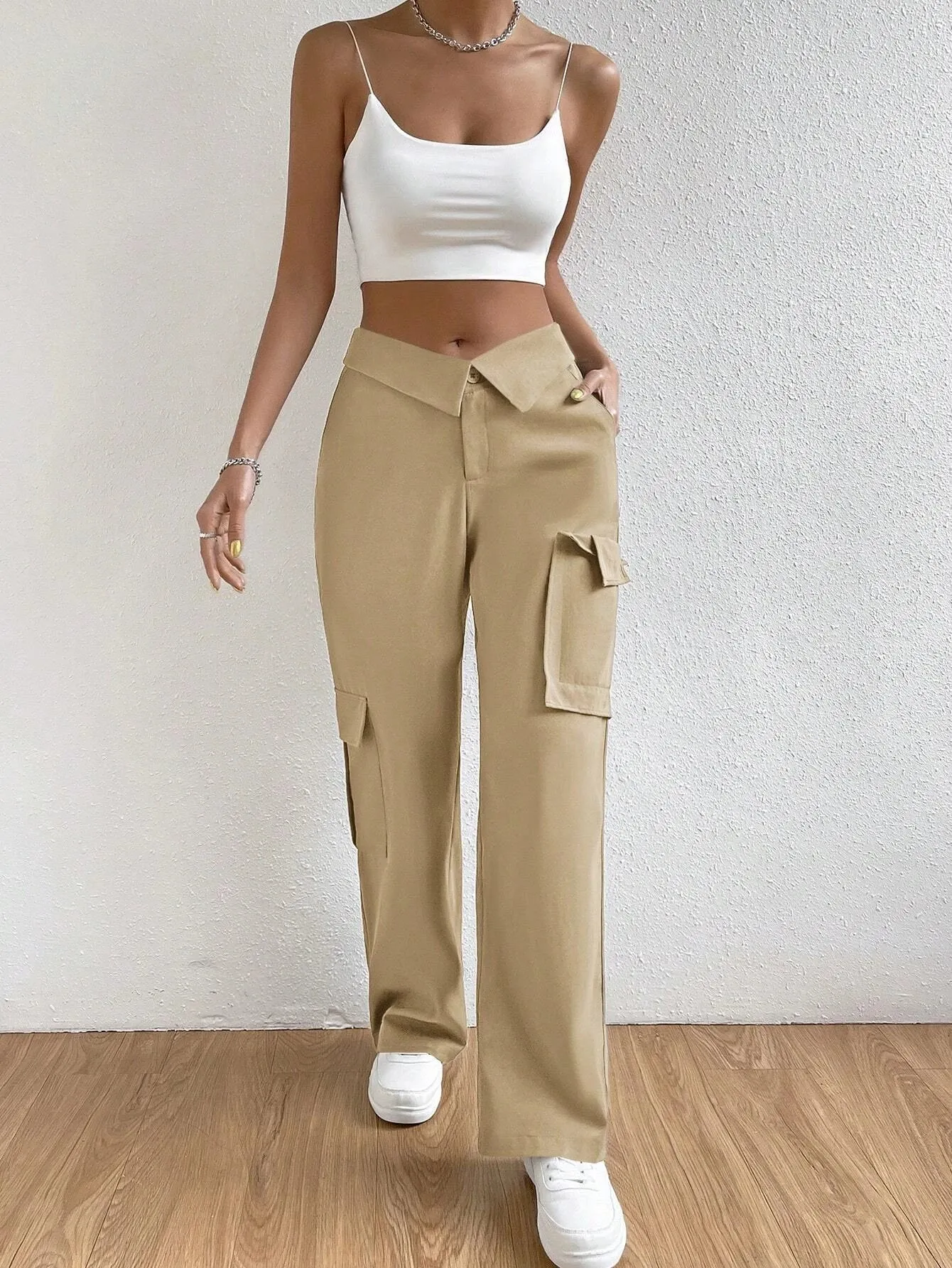 Folded Waist Side Flap Pocket Cargo Pants