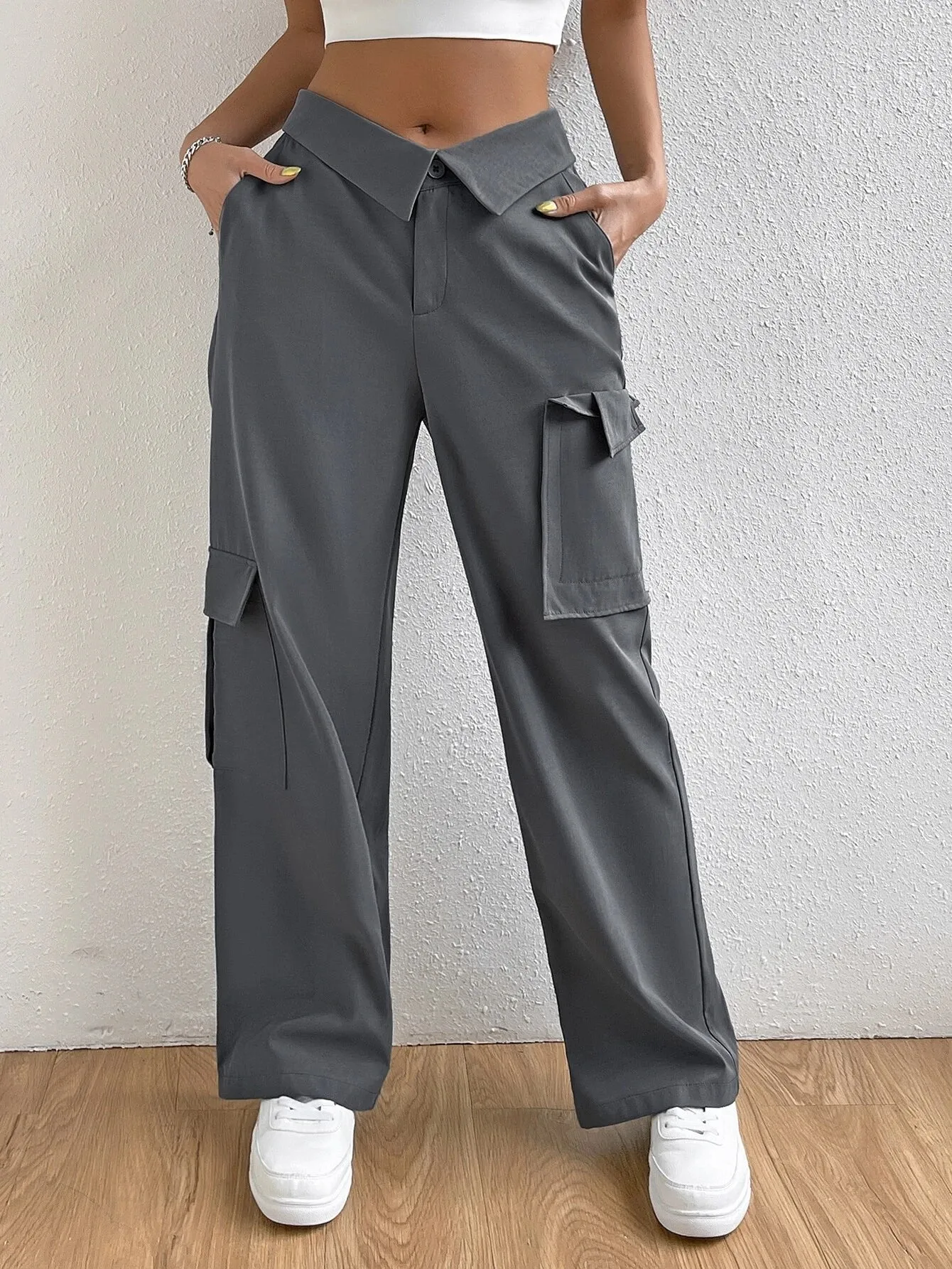 Folded Waist Side Flap Pocket Cargo Pants