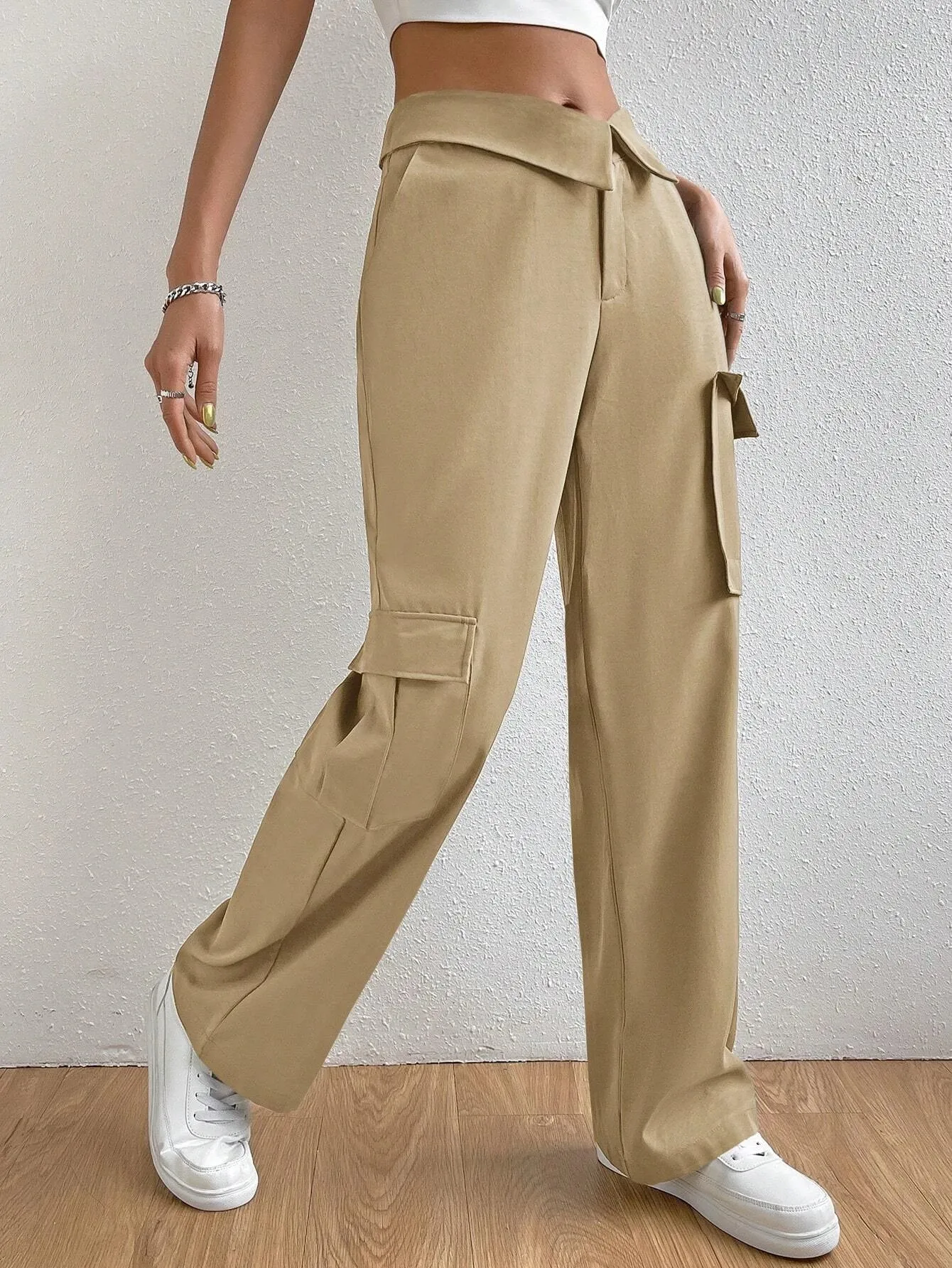 Folded Waist Side Flap Pocket Cargo Pants