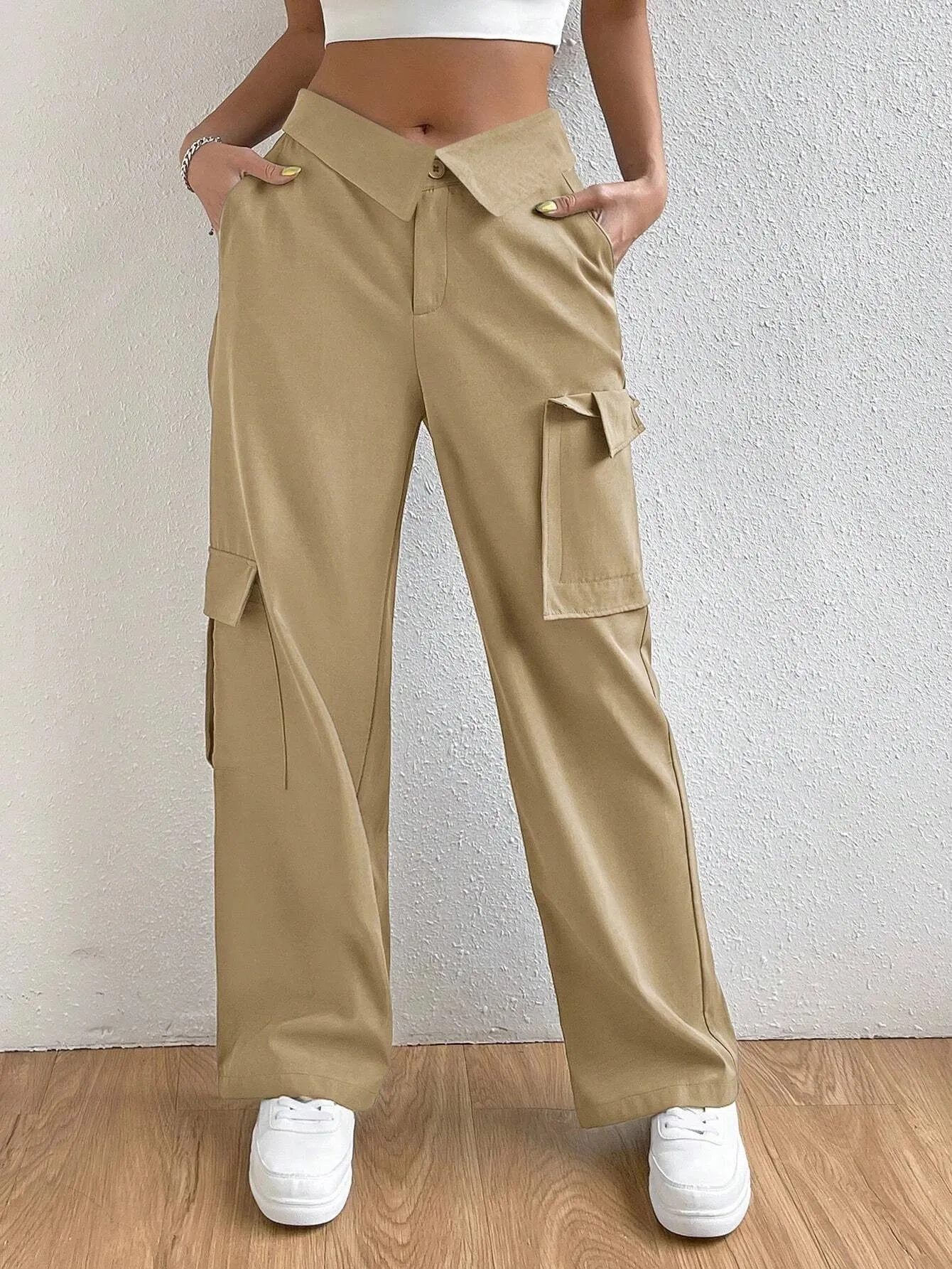 Folded Waist Side Flap Pocket Cargo Pants