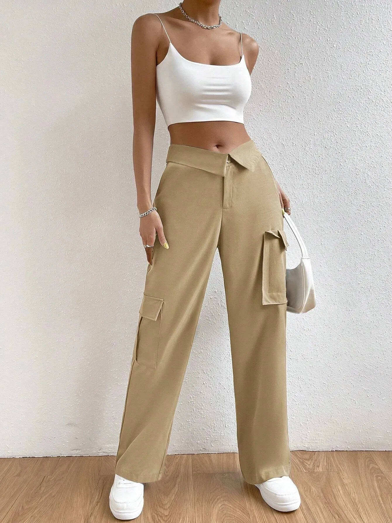 Folded Waist Side Flap Pocket Cargo Pants