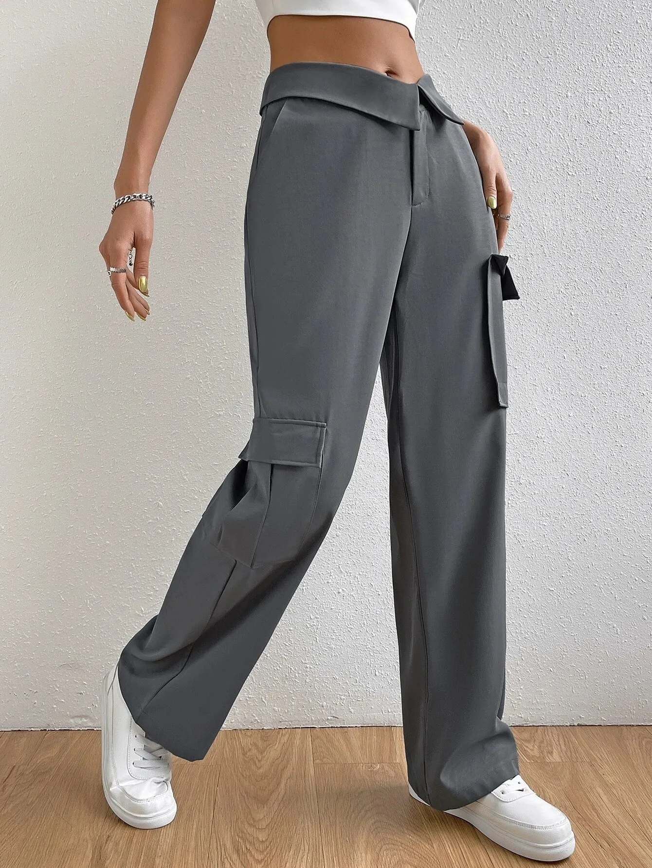 Folded Waist Side Flap Pocket Cargo Pants