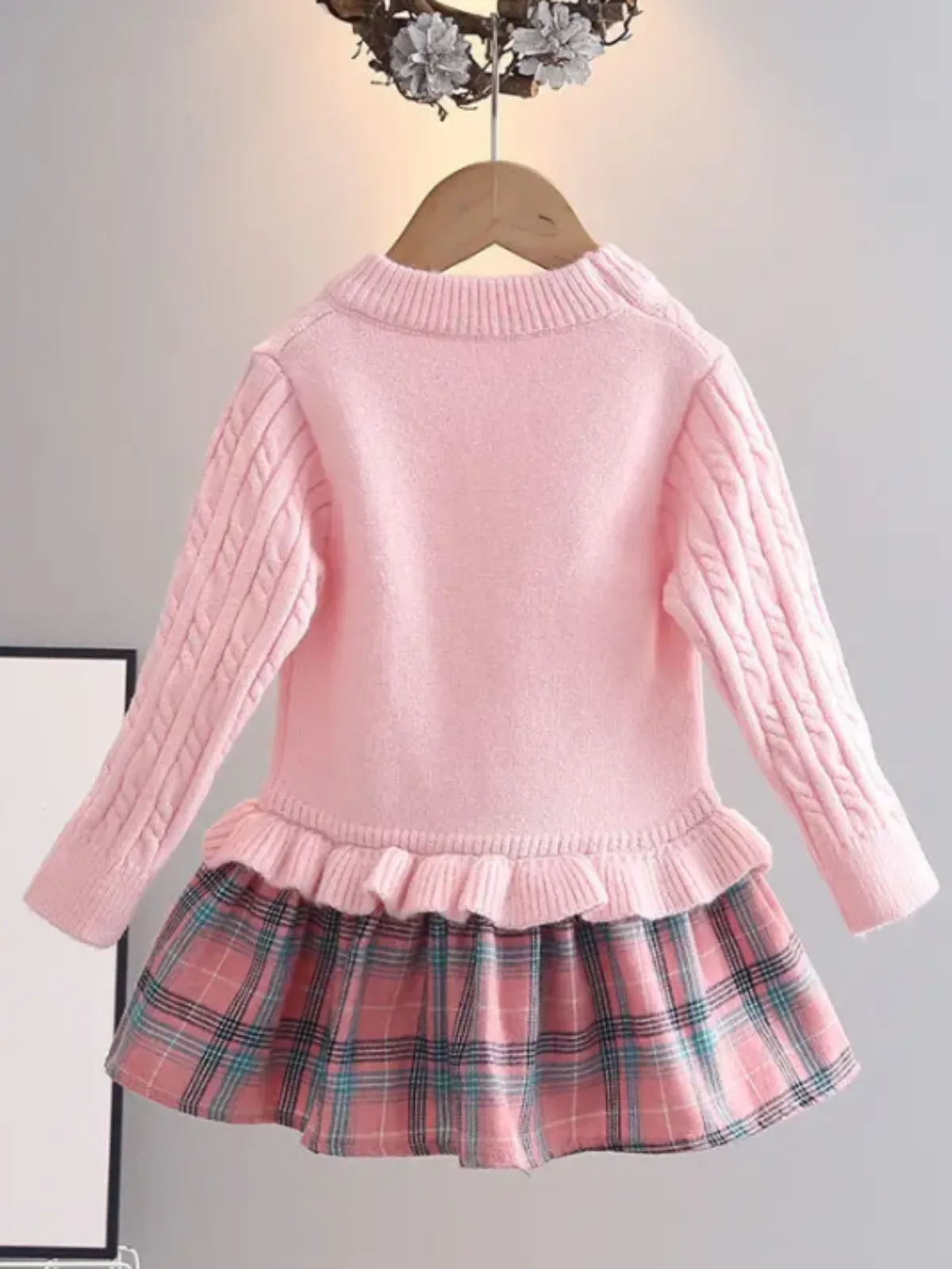 Girls Knit Sweater Dress with Plaid Skirt