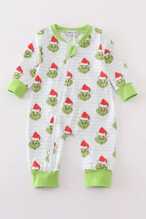 Green stripe christmas grinch zipper boy romper