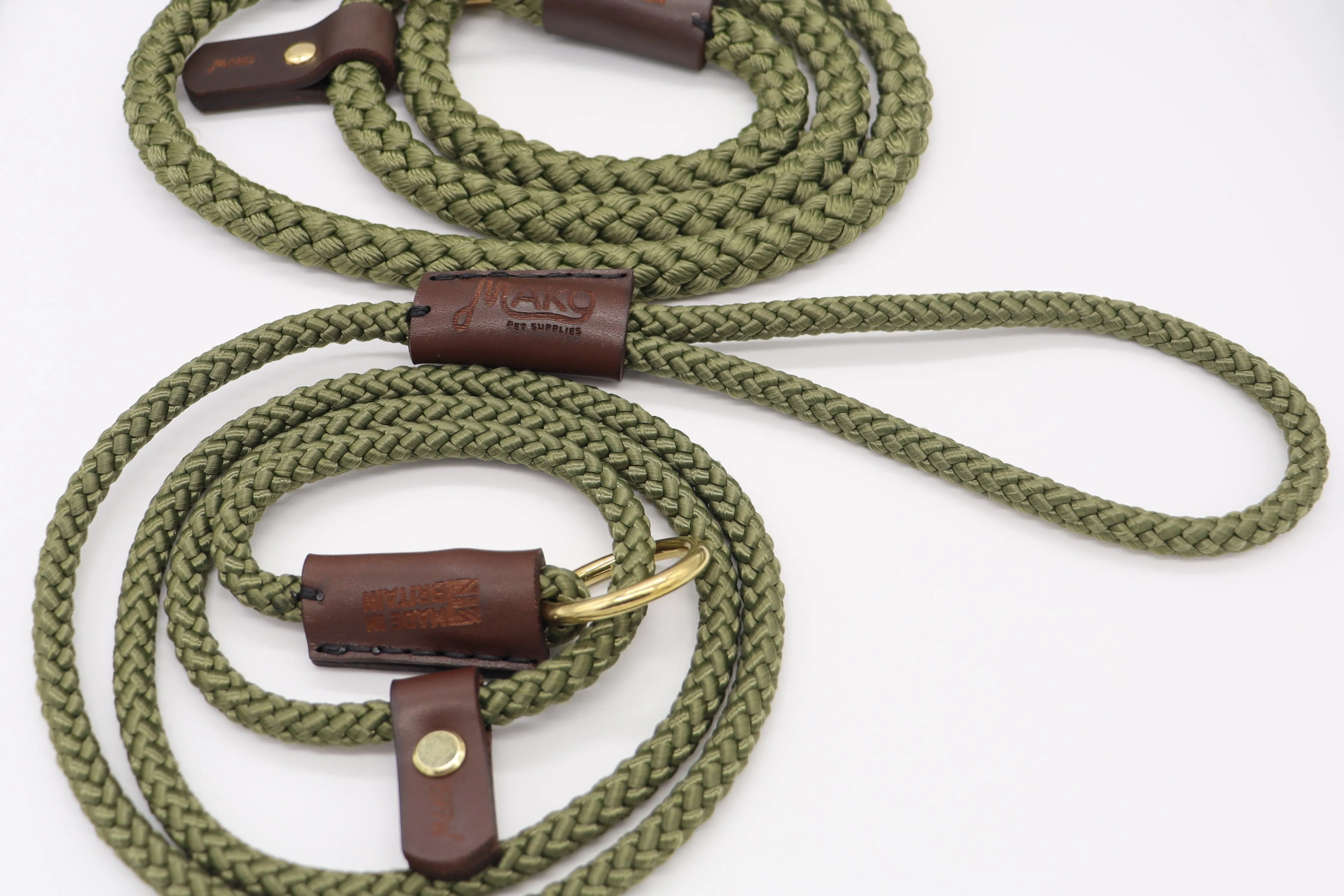 Handmade Traditional Gundog Slip Lead - Solid Brass and Leather with Black or Olive Nylon Rope