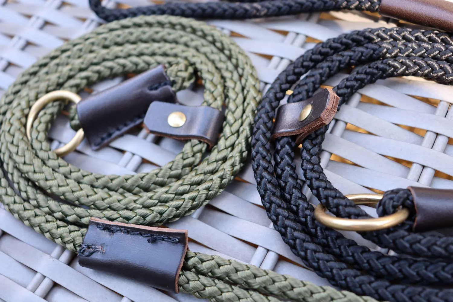 Handmade Traditional Gundog Slip Lead - Solid Brass and Leather with Black or Olive Nylon Rope