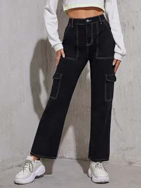 High Flap Pocket Whip Stitch Cargo Jeans