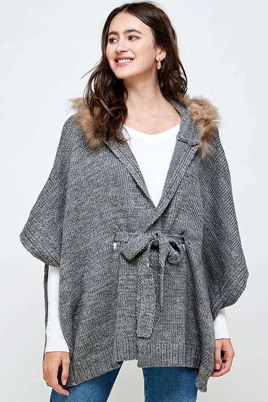 Hoodie Sweater Cardigan Poncho Fur Trim Top