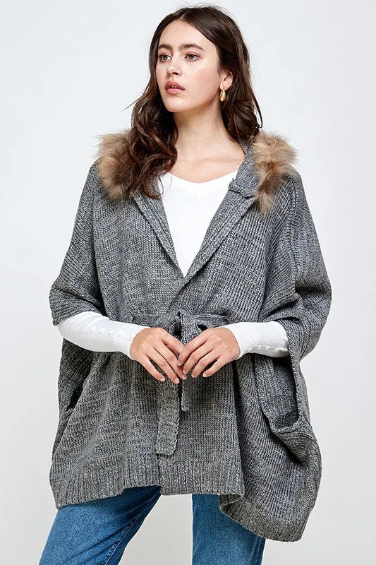 Hoodie Sweater Cardigan Poncho Fur Trim Top