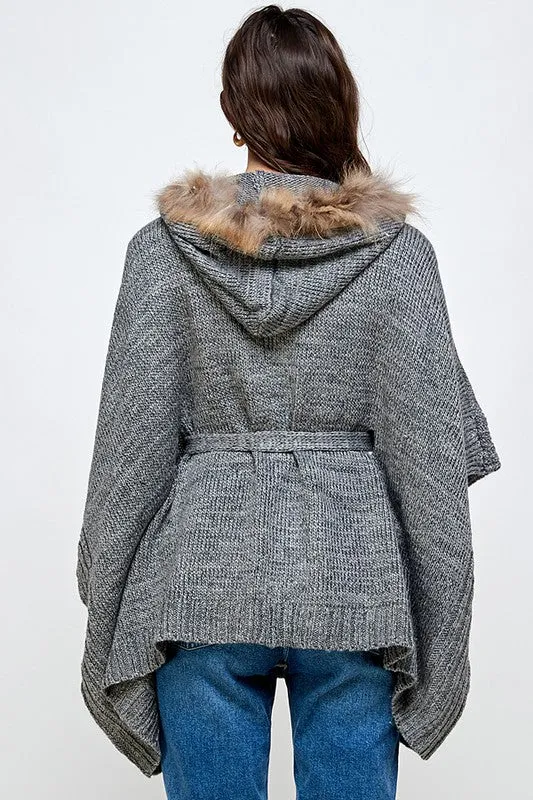 Hoodie Sweater Cardigan Poncho Fur Trim Top