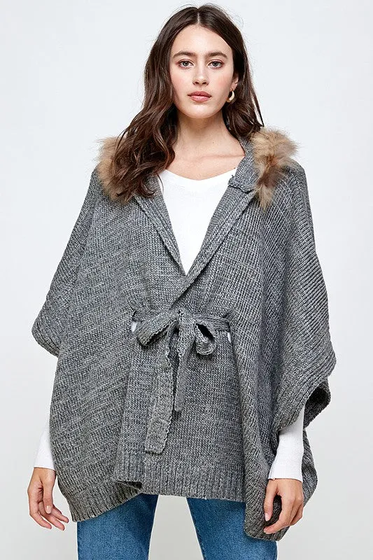 Hoodie Sweater Cardigan Poncho Fur Trim Top