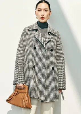 Houndstooth Double Breasted Wool Cashmere Coat