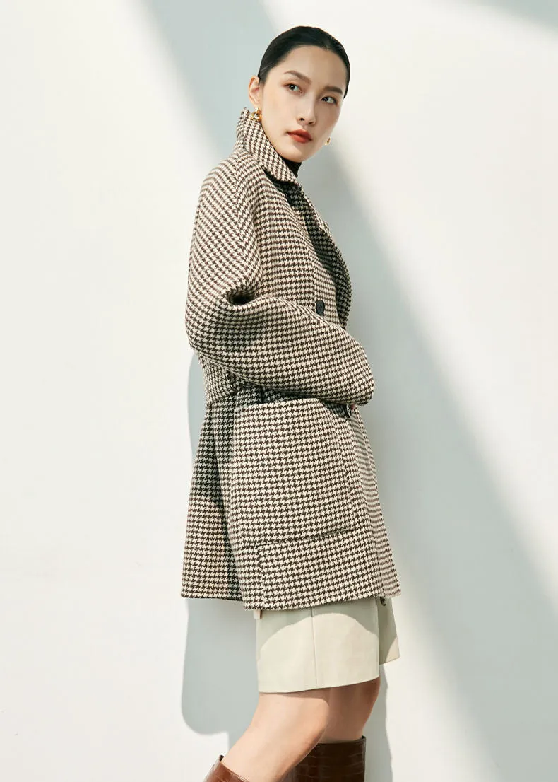 Houndstooth Double Breasted Wool Cashmere Coat