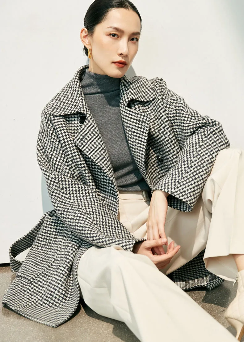 Houndstooth Double Breasted Wool Cashmere Coat