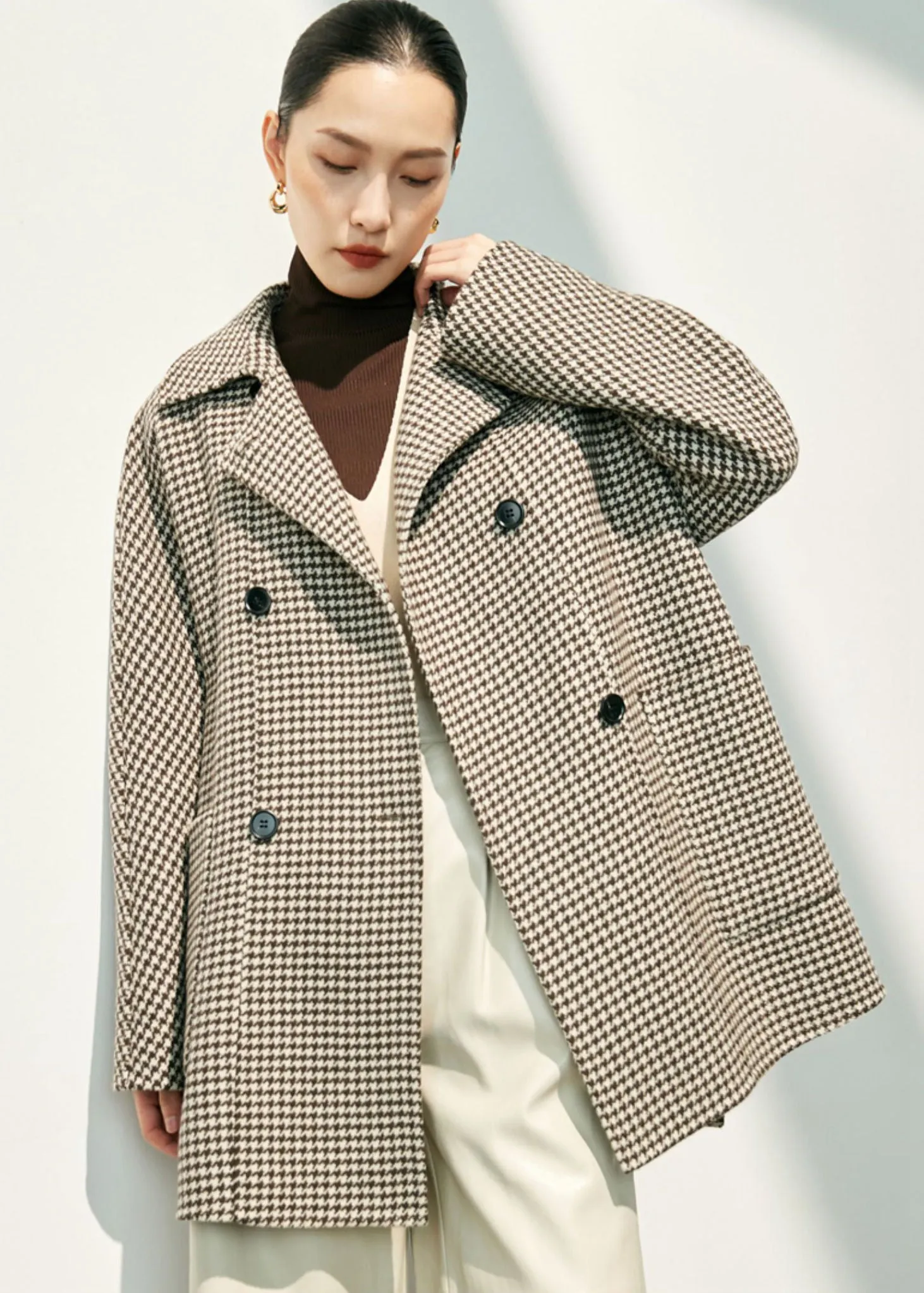 Houndstooth Double Breasted Wool Cashmere Coat