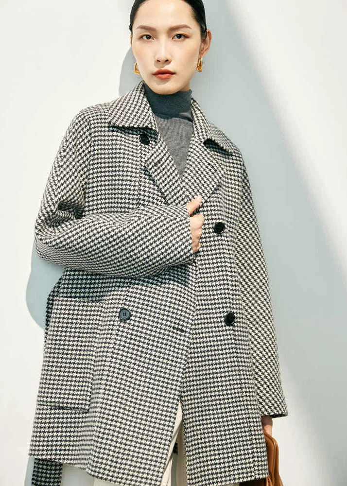 Houndstooth Double Breasted Wool Cashmere Coat