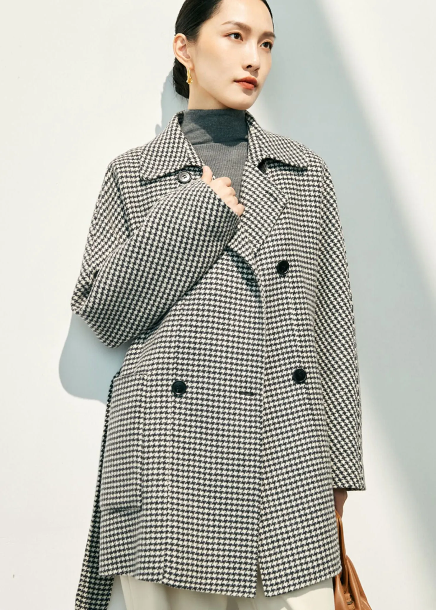 Houndstooth Double Breasted Wool Cashmere Coat