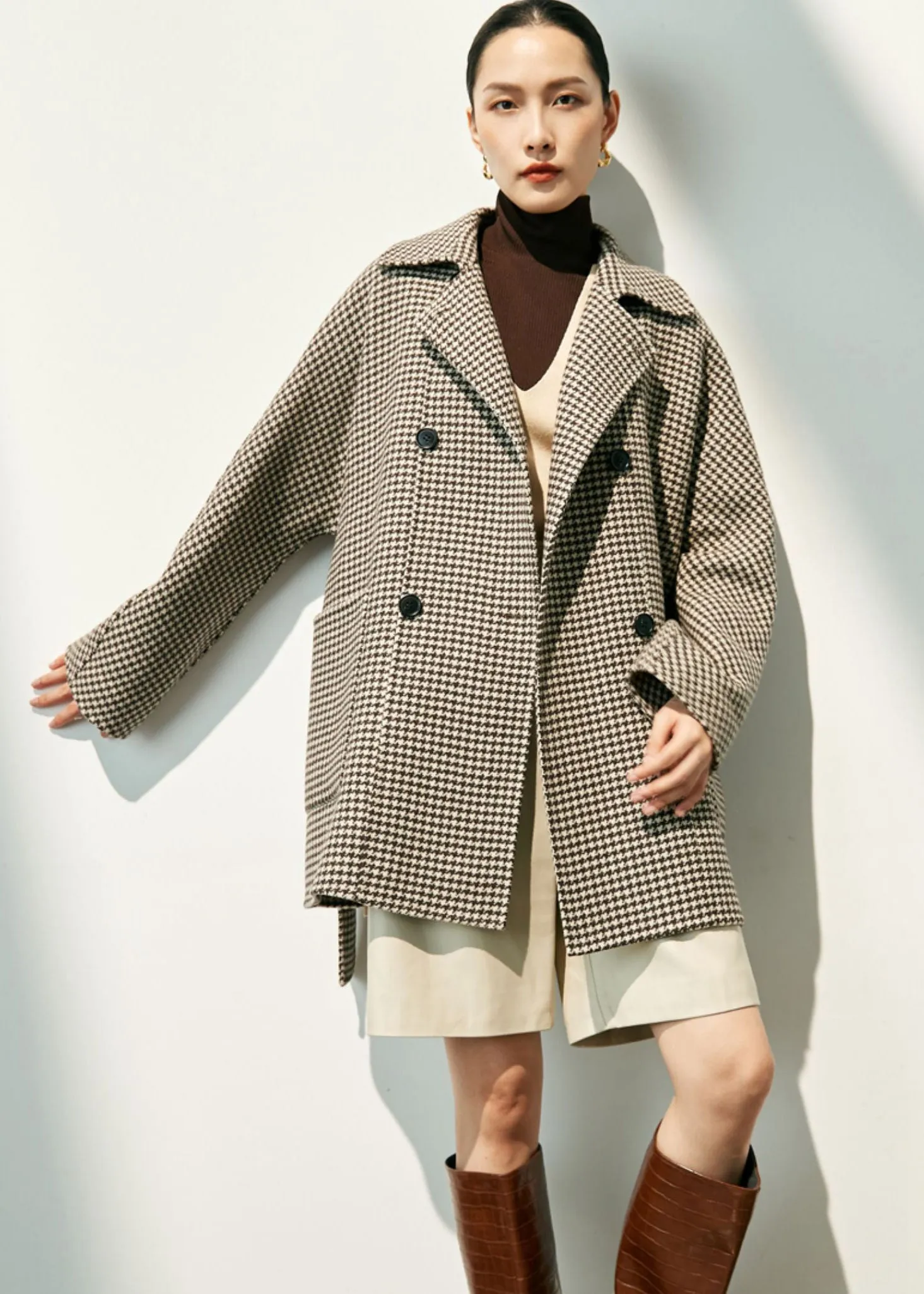 Houndstooth Double Breasted Wool Cashmere Coat