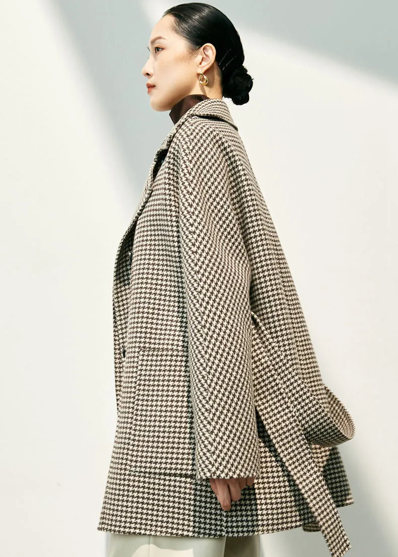 Houndstooth Double Breasted Wool Cashmere Coat